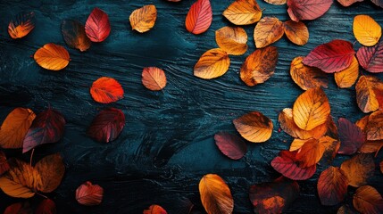 Poster - Vibrant Autumn Leaves in Shades of Red Orange and Yellow on Rustic Dark Wooden Surface Ideal for Seasonal Decor or Nature Background