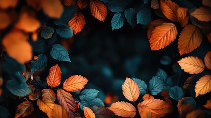 Poster - Vibrant autumn leaves in shades of orange and teal creating a natural frame on a dark background with a soft focus effect.