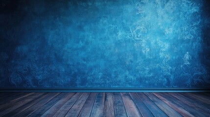 Poster - Textured vintage blue wall with wooden flooring for artistic background or interior design projects.