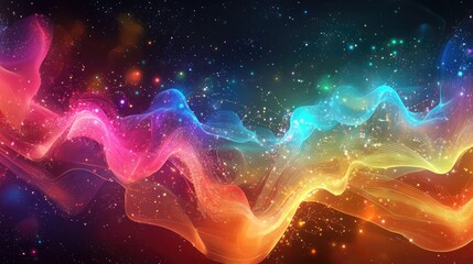 Fototapete - Colorful Abstract Waves with Glowing Lights Creating a Dynamic Electronic Circuit Background