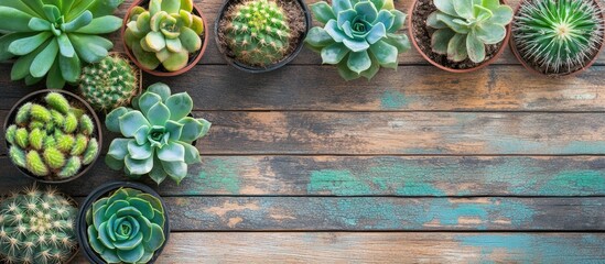 Poster - Succulent and cactus arrangement on a rustic wooden table ideal for home decor and gardening enthusiasts showcasing vibrant greenery