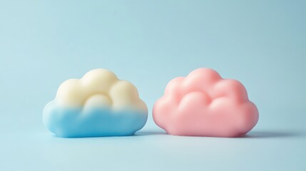Aufkleber - Pastel colored cloud-shaped soap bars in soft blue and pink resting on a light blue background, ideal for natural skincare or home decor concepts.