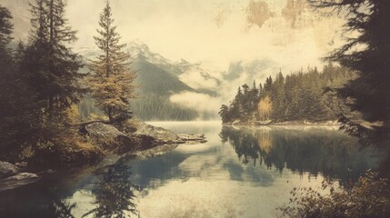 Poster - Timeless river landscape with serene reflections surrounded by majestic mountains and lush forests in a vintage aesthetic.