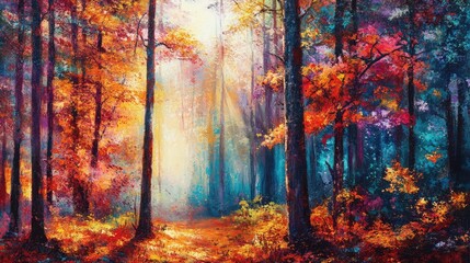Poster - Vibrant autumn forest scene featuring colorful foliage in shades of orange, red, and yellow with soft sunlight filtering through tall trees in a serene woodland setting.