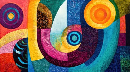 Fototapete - Colorful abstract art blending technology elements with dynamic spirals and circular motifs in a vibrant composition.