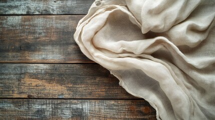 Poster - Vintage linen fabric draped on rustic weathered wooden surface for authentic textured background design