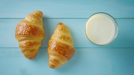 Poster - Buttered croissants and a glass of milk on a rustic blue wooden surface, top view breakfast scene with ample copy space for text.