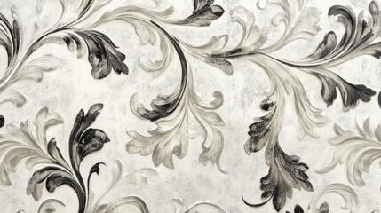 Poster - Decorative vintage wallpaper design with intricate floral patterns in black and gray tones on a light textured background