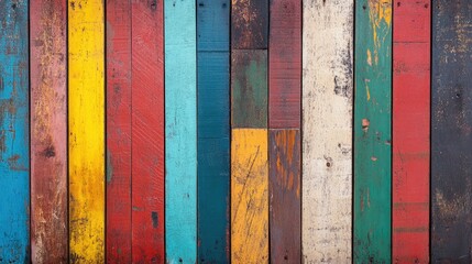 Poster - Colorful vintage wooden wall background with a rustic and weathered texture ideal for design and creative projects.