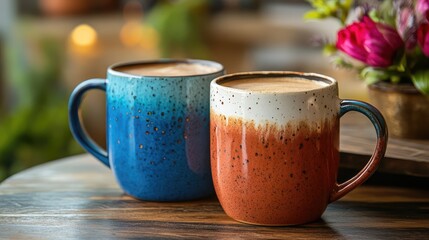 Poster - Ceramic coffee mugs in blue and terracotta on a rustic wooden table with blurred floral background and warm ambient lighting.
