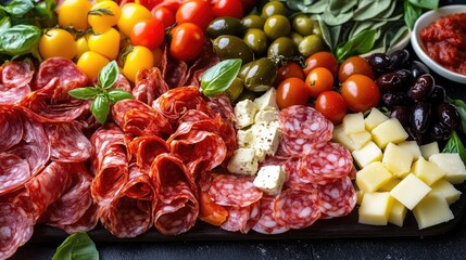 Poster - Colorful Assorted Antipasti Platter Featuring Meats Cheeses Olives and Fresh Vegetables Ideal for Entertaining and Culinary Arts