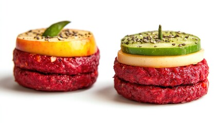 Poster - Colorful Raw Hamburger Patties Stacked with Fresh Green Pepper and Apple Slices on White Background in Culinary Setting
