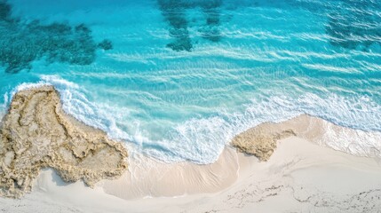 Poster - Aerial view of turquoise sea waves gently lapping sandy beach with rocky shoreline under bright sunlight