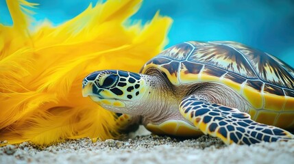 Poster - Turtle Resting on Sandy Surface Surrounded by Vibrant Yellow Feathers Against a Blue Aquatic Background