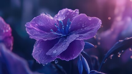 Poster - Vibrant violet flower with droplets glistening in soft light creating a serene and enchanting atmosphere in nature