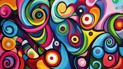 Poster - Colorful abstract composition with dynamic swirls and circular patterns creating a vibrant visual experience in modern art.