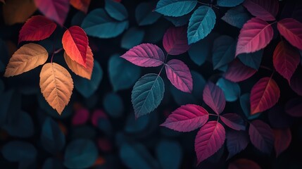 Poster - Vibrant autumn foliage with colorful leaves in shades of red, orange, and teal creating a natural backdrop for seasonal imagery