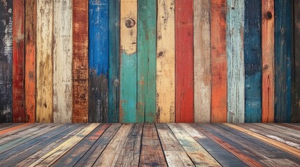 Poster - Colorful vintage wooden wall and floor interior with rustic texture ideal for backgrounds and creative design projects