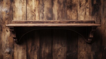 Poster - Rustic wooden shelf against a weathered wood panel background showcasing vintage charm and timeless design elements for decor purposes.