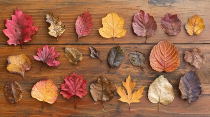 Poster - Diverse vibrant autumn leaves in various shapes and sizes arranged on rustic wooden surface with rich fall colors showcasing nature's beauty