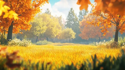 Poster - Vibrant autumn landscape featuring golden leaves in foreground with blurred background of trees and grass under a clear blue sky ideal for seasonal projects