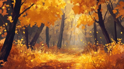 Aufkleber - Luminous Autumn Forest Pathway Highlighted by Golden Yellow and Fiery Orange Leaves Amidst Soft Sunlight Filtering Through Trees