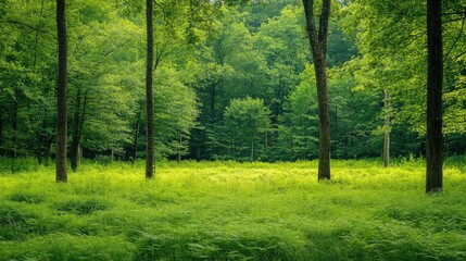 Poster - Lush Green Summer Forest Scene with Tall Trees and Vibrant Underbrush in Serene Nature Setting