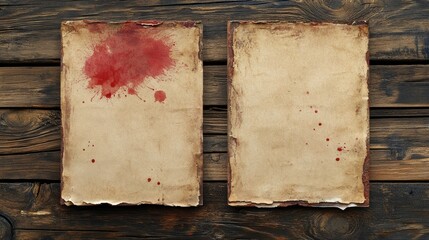 Poster - Vintage stained papers displayed on rustic wood background creating a unique artistic texture for design and creative projects