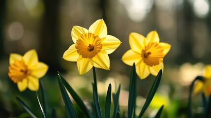Poster - Bright yellow daffodils in full bloom capturing the beauty of spring in a serene woodland garden setting