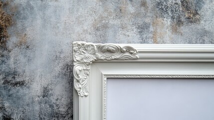 Poster - Elegant vintage white wooden picture frame with blank space for photos and artistic decor on textured background