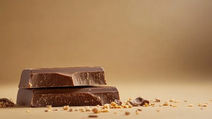 Aufkleber - Delicious Rich Dark Chocolate Bars Stacked on Warm Beige Background with Crushed Nuts and Cocoa Crumbs Surrounding Them