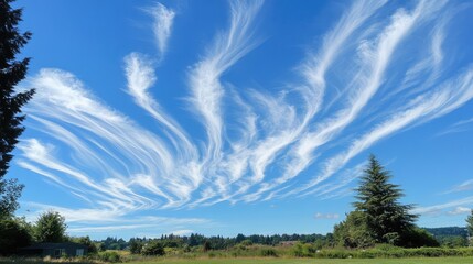 Poster - vibrant azure sky filled with wispy white clouds over a lush green landscape and pine trees under br