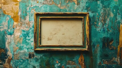 Poster - Vintage green frame on textured turquoise wall with blank inner space for artwork or photography display, ideal for retro decor concepts.