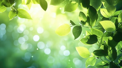 Poster - Lush Green Leaves Against a Soft Yellow and Green Bokeh Background Creating a Vibrant Natural Atmosphere in a Lively Outdoor Setting