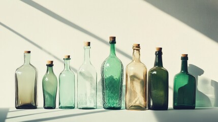 Poster - Collection of vintage empty glass bottles arranged on a surface casting subtle shadows in soft natural light