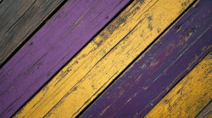 Poster - Vibrant violet and yellow striped wooden planks with a distressed texture creating an eye-catching abstract background design