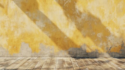 Fototapete - Vintage yellow textured wall with wooden floor and shadows creating an organic ambiance ideal for background or artistic presentations