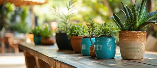 Poster - Vibrant potted plants on rustic wooden table enhancing home decor with natural elements and serene ambiance