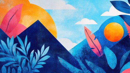 Poster - Vibrant Blue Abstract Illustration with Colorful Leaves and Mountains Against Bright Orange Sun and Light Clouds in Background