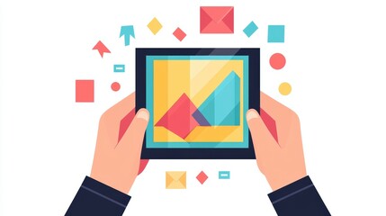 Poster - Person holding a tablet displaying a colorful abstract design in a casual environment