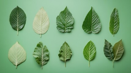 Poster - Diverse Green Leaf Shapes on a Soft Green Background Showcasing Nature's Variety and Beauty in Botanical Studies and Design Elements