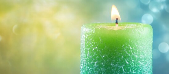 Poster - Flickering green candle casting a warm glow ideal for creating cozy and relaxing atmospheres with a blurred colorful background