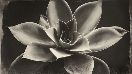 Poster - Monochrome vintage close-up of a succulent plant showcasing intricate textures and elegant shapes on a dark background
