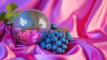 Poster - Vibrant disco ball with fresh grapes on colorful fabric creating a lively and fresh aesthetic for dynamic visual compositions