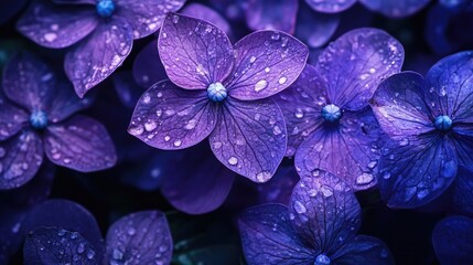 Poster - Vibrant violet flower background with dew droplets creating a serene and refreshing natural atmosphere for design and decor use.