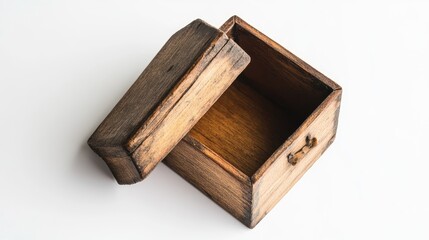 Poster - Vintage Wooden Open Box Isolated on White Background Ideal for Rustic Decor or Storage Concepts.