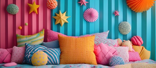 Poster - Colorful whimsical bedroom interior featuring vibrant accent pillows in pink, blue, and orange tones, with playful wall decorations and ample copy space.