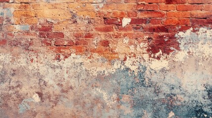 Poster - Weathered vintage red brick wall with peeling paint and textured layers for rustic backgrounds and architectural design elements.