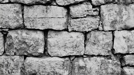 Poster - Black and white vintage stone wall texture ideal for backgrounds and architectural designs showcasing rustic charm and historical appeal