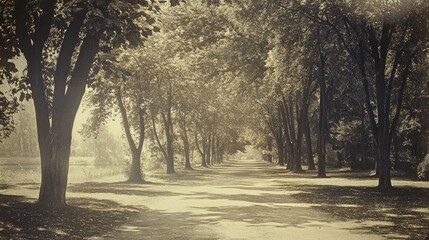 Poster - Serene vintage autumn forest path illuminated by soft morning sunlight creating a tranquil and picturesque landscape scene